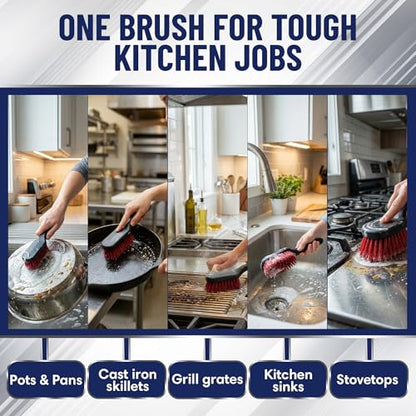 8 Inch Pot & Dish Kitchen Scrub Brush for Heavy-Duty Cleaning – Stiff Bristle Scrubber for Sink, Cast Iron, and Grill Grates - Kitchen Dish Scrubber Brush - 90048 by FryOilSaver Co.