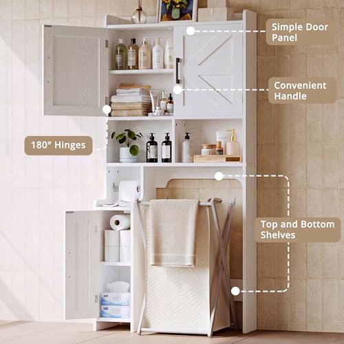 IRONCK 67 in Over The Toilet Storage Cabinet with Adjustable Shelves White | waterproof; side cabinet; toilet paper holder; anti-tip stable frame; bathroom laundry room; barn door farmhouse decor