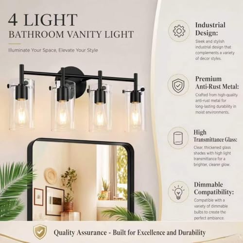 Matte Black 4 Light Bathroom Vanity Light Fixtures, Industrial Rust-Proof Bathroom Lights Over Mirror with Clear Glass Shade, Modern Wall Sconce Wall Mounted Damp Rated E26 Base