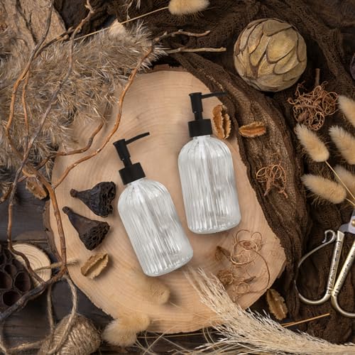 2 Pack Glass Soap Dispenser with Pump, 13.5oz Refillable Soap Dispensers with Vertical Stripe for Hand Wash & Dish Wash, Elegant Bathroom Soap Dispenser for Dishwashing Liquid, Lotion - color: Clear