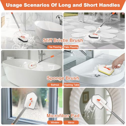 Long Handled Scrub Brush for Shower，3-in-1 Cleaning Brushes with 3 Different Function Cleaning Heads Brush for Shower Cleaning Bathroom Kitchen Walls Tub Tile - color: Orange