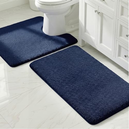 MINIDEAR Bathroom Rugs Sets 2 Piece - Thick Memory Foam Bath Mat, Ultra Soft, Plush Fluffy, Non-Slip, Quick Dry, Absorbent Washable Mat for Tub, Home Decor (32x20 & 24x20 Inch, Navy Blue) - color: Navy Blue, size: 1'8" x 2'8" (32x20+U24x20)