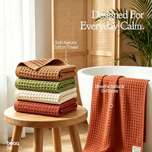 100% Cotton Waffle Towel Set, 4pcs Bath Towels for Bathroom 55*29'' | Quick Dry, Super Absorbent, Soft Bath Towels Set, Soft Lint-Free Quick Drying Towels for Bathroom/Spa/Gym, Multicolor