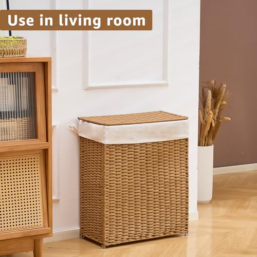 Slim Wicker Laundry Hamper with Lid, 75L Handwoven Rattan Basket with Handles, Narrow Laundry Basket with Removable Liner Bag & 2 Mesh Bags - color: Rattan with Lid, size: 75L