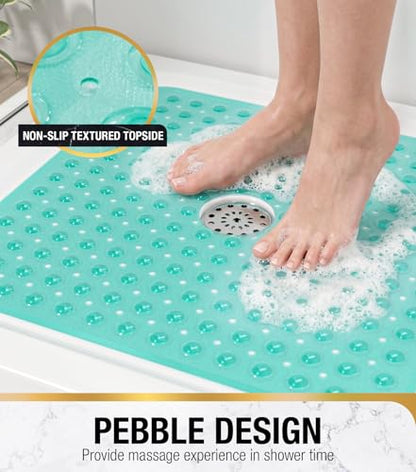 HITSLAM Square Shower Mat, Non Slip PVC Stall Mat, 24"x24", Green | Power Grip Suction Cups, Center Drain Hole, Built-In Hanging Holes, Machine Washable Bathroom Floor Mat, Soft On Feet - color: Mint Green