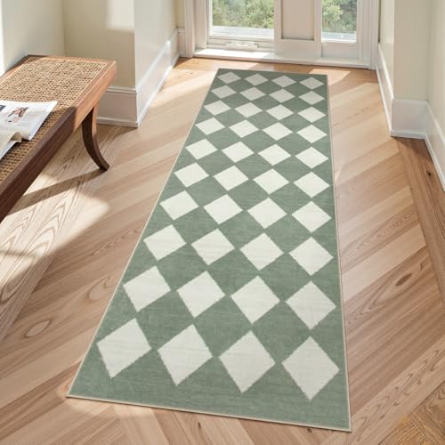 Lahome Zelie Checkered Washable 2x6 Green Runners for Hallways Non Slip, Ultra-Thin Kitchen Bathroom Runner Rugs, Moroccan Trellis Throw Carpet Runner for Bedroom Entryway Decor (2'x6',Green) - color: Light Green, size: 2' x 6' (Runner)