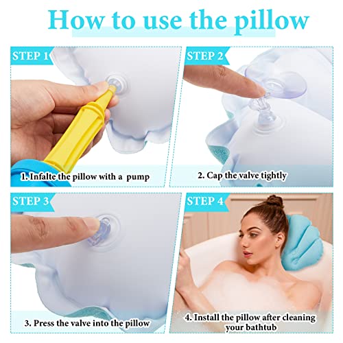 Jetec 2 Pcs Inflatable Bath Pillow with Suction Cup Terry Cloth Covered Bath Pillow Shell Shape Bathtub Spa Pillows Comfortable Soft Cushion Neck Support Fits All Pool Bathroom Home Spa Hot Tub(Blue)