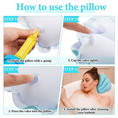 Jetec 2 Pcs Inflatable Bath Pillow with Suction Cup Terry Cloth Covered Bath Pillow Shell Shape Bathtub Spa Pillows Comfortable Soft Cushion Neck Support Fits All Pool Bathroom Home Spa Hot Tub(Blue)