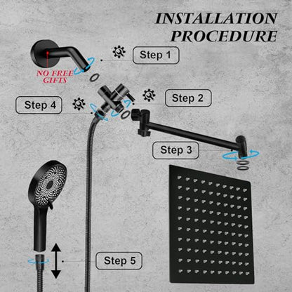 Shower Head,10”Rain Shower Head with Handheld Spray Combo with 11'' Angle Adjustable Extension Arm/Flow Regulator/Shower System,High Pressure Rainfall Shower Head Clean Bathroom,Matt Black - color: Black, size: 10 Inch