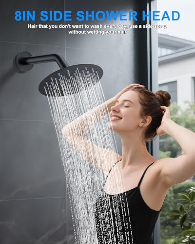 Woindo Shower System with Pressure Balance Valve, 10" Ceiling Mount Shower Faucet Set with 2 Rain Shower Head And Multi-function Handheld Head Push Button Diverter Pressure Balancing Valve Kit - color: Matte Black, style: 10"-Round