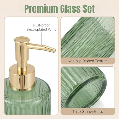 Green Bathroom Accessories Set 4 Pcs, Glass Bathroom Set | Bathroom Accessories Includes Soap dispenser, Toothbrush holder & Qtip holders, Modern Bathroom Decor, Housewarming Gift Set - style: 4 pcs Green