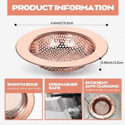 2 Pcs Sink Strainer Stainless Steel Kitchen Sink Drain Strainer Basket Cover Mesh Hair Food Catcher, Large Wide Rim of 4.4 Diameter(Rose Gold) - color: Rose Gold