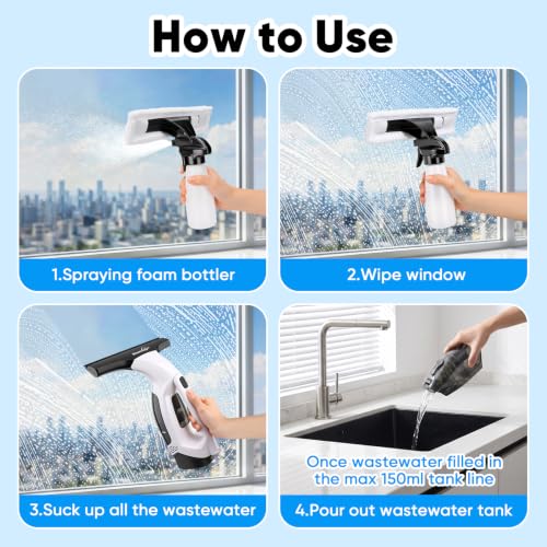Cordless Window Vacuum Squeegee, 4000mAh Electric Window Cleaner Tool, Window Cleaning Kit with Shower Squeegee & Extension Pole for Shower Glass, Mirror, Door, Car