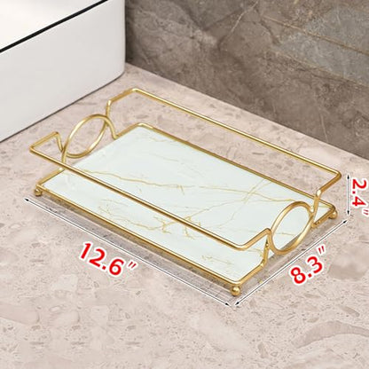 Large Bathroom Vanity Tray White Gold Glass Counter Organizer | 12.6” Glass Handled Tray with Metal Frame, for Perfume, Skincare, Kitchen Counter, Coffee Bar, Entryway & Vanity - color: White Gold-large