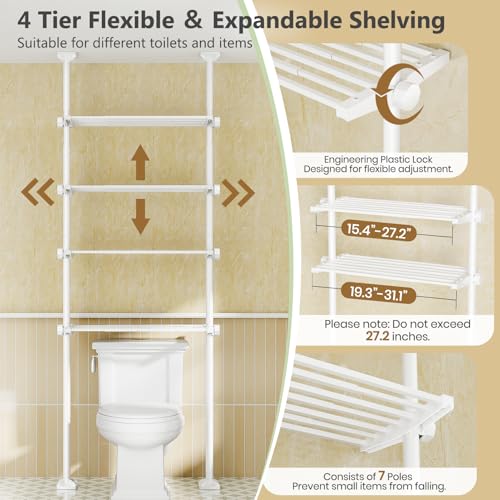 Bonpally Over The Toilet Storage Shelf, 4-Tier Adjustable Bathroom Organizer, No Drill Tension Mounted Shelves Metal, Space-Saving Bathroom Cabinet Rack Above Toilet for Small Bathroom Rooms, White - color: White