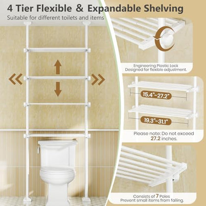 Bonpally Over The Toilet Storage Shelf, 4-Tier Adjustable Bathroom Organizer, No Drill Tension Mounted Shelves Metal, Space-Saving Bathroom Cabinet Rack Above Toilet for Small Bathroom Rooms, White - color: White