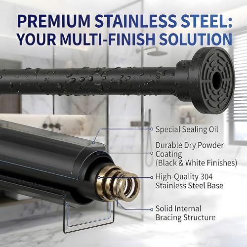 304 Stainless Steel Shower Curtain Rod, Adjustable Telescopic Tension Rod, Rustproof Bathroom Rod, No Drilling Expandable Curtain Rod 26''–46'' – Black + 80“ x 80” Shower Curtain - color: Black, size: 26"–46"