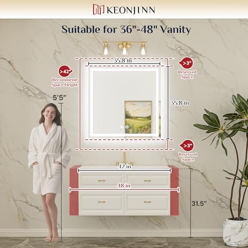 Keonjinn Beveled Lighted Mirror for Bathroom Wall 36" x 36", Tempered Glass | Frontlit & Backlit, LED Bathroom Mirror with Light, 3000K/4500K/6000K, Fast Anti-Fog, Stepless Dimmable, Memory Function - size: 36"L x 36"W