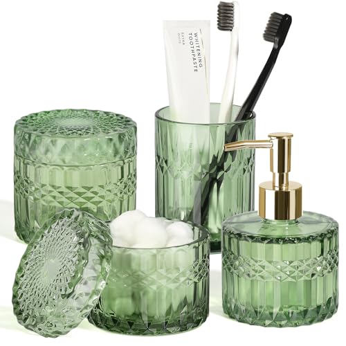 Green Bathroom Accessories Set, 4Pcs Green Bathroom Decor Accessory Sets Complete, Glass Soap Dispenser and Toothbrush Holder Set for Vintage Bathroom Countertop