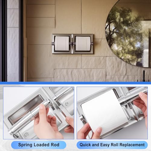 Recessed Toilet Paper Holder, Double Roll Wall Mounted Toilet Tissue Dispenser, 304 Stainless Steel Bathroom Storage Built-in Space Saving for Modern Commercial Restrooms