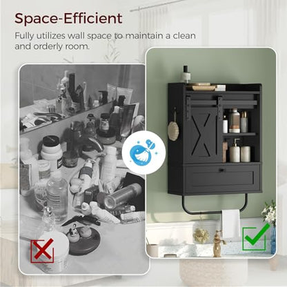 MAHANCRIS Bathroom Wall Cabinet, Farmhouse Medicine Cabinets with Sliding Door, Wall Mounted Storage Cabinet with Adjustable Shelf and Towel Bar, for Bathroom, Living Room, Kitchen, Black - color: Black