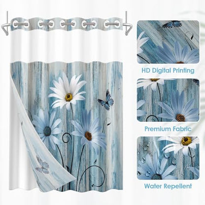 No Hook Shower Curtain with Snap in Liner 54x80 Inch Daisy Floral | Wooden Rustic Blue Modern Double Layers Waterproof Fabric with See Through Top Window Open Grommet Bath Curtain - color: Blue Daisy 2, size: 54"W x 80"L (Pack of 1)
