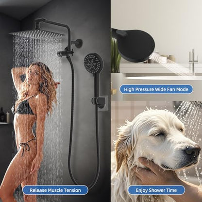 10" Metal Rainfall Shower Head with 10-Mode Handheld, Matte Black | NSF/ANSI/CAN 372 Certified, High Pressure Showerhead Combo with 11" Adjustable Shower Arm, 71" Hose, Shower Head Holder - color: Matte Black, style: Square 10"