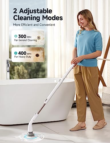 Electric Spin Scrubber HS1, Cordless Shower Scrubber for Cleaning with 4 Replaceable Brush Heads Adjustable Extension Handle, IPX7 Waterproof Cleaning Brush for Bathroom Floor White