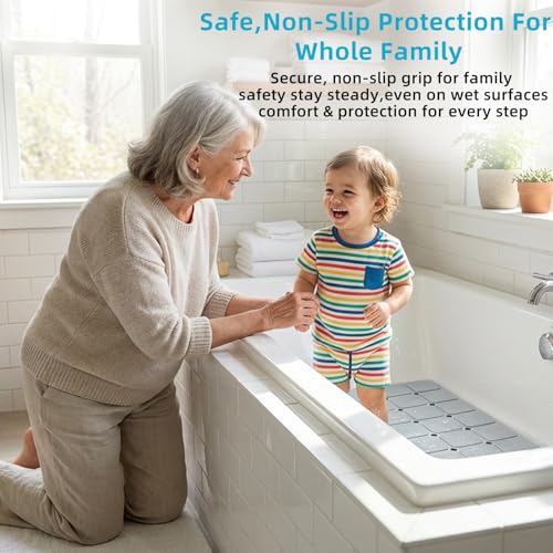 Non-Slip Silicone Bathtub Mat, Foldable Bath Tub Mat, 14.9 x 27.5, Grey | Bathroom shower mat with suction cups, Machine Washable, Durable & Eco-Friendly, Large Drain Holes, Ideal for Family Use - color: Grey