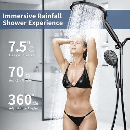 High Pressure Dual Shower Head with Handheld Spray Combo | 9 Spray Modes Handheld Showerhead, Double Rainfall Structure, Waterfall Shower Equipped with 79-Inch Hose, Matte Black - color: Matte Black