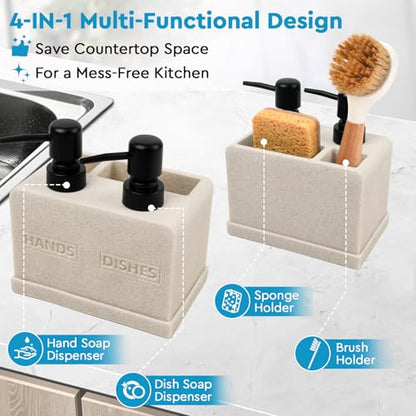 Hand and Dish Soap Dispenser Set for Kitchen Sink,Dual Soap Dispenser with Sponge Caddy and Brush Holder 4-in-1 Countertop Organizer for Kitchen Bathroom,Useful Kitchen Gadgets-Beige - color: 4 in 1 - Beige