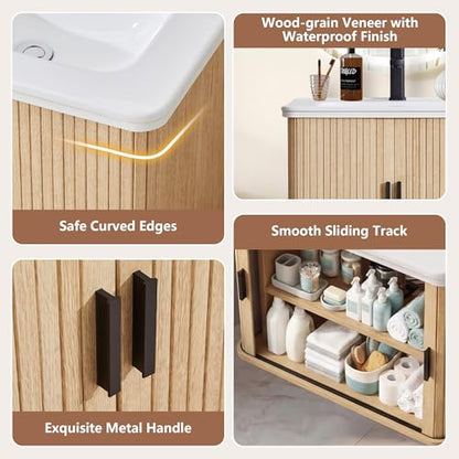24 Inch Floating Bathroom Vanity with Sink, Wall Mounted Bath Vanity Combo with Fluted Sliding Doors, Small Space Bathroom Cabinet with Ceramic Vessel Sink, Faucet & Drain Included (Natural Oak)
