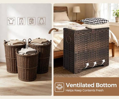 130L Wicker Laundry Hamper with Lid, 3-Section Laundry Basket | 3 Removable Liner Bags; 4 Included Mesh Laundry Bags; Handwoven PP Wicker; Reinforced Steel Frame - color: Brown