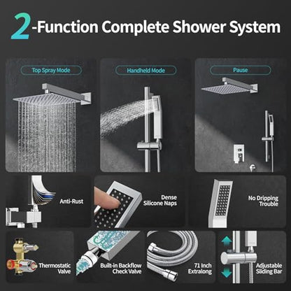 SR SUN RISE 10 Inch Square Shower System with Slide Bar,Polished Chrome | Rain Head and Handle System,16" Adjustable Shower Slide Bar,Soild Brass,Wall Mount,Included Valve and Trim Kit - color: Polished Chrome, size: 10 Inch