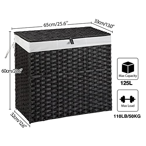 Greenstell Laundry Hamper with Lid, 125L Large Clothes Hamper with 3 Section & 2 Section Removable Liner Bags & 5 Mesh Laundry Bags, Handwoven Synthetic Rattan Divided Laundry Basket, Black - color: Black