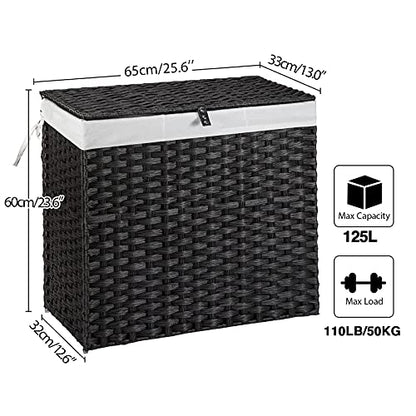 Greenstell Laundry Hamper with Lid, 125L Large Clothes Hamper with 3 Section & 2 Section Removable Liner Bags & 5 Mesh Laundry Bags, Handwoven Synthetic Rattan Divided Laundry Basket, Black - color: Black