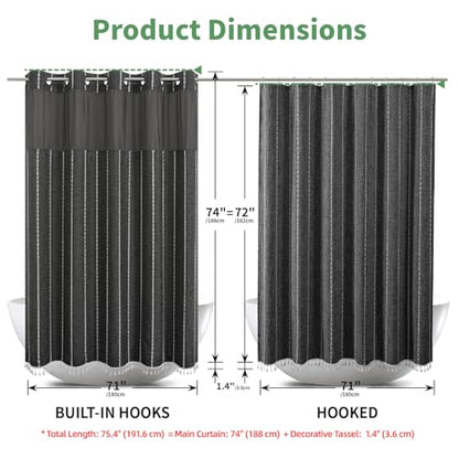 eachope Boho Farmhouse No Hook Shower Curtain Set with Snap-in Fabric Liner,Heavy-Duty Linen Textured Rustic Striped Design,Water-Repellent with Tassels and Sheer Window,Charcoal Grey,71x74 - color: Charcoal Grey, size: 71"W x 74"L (Pack of 1)