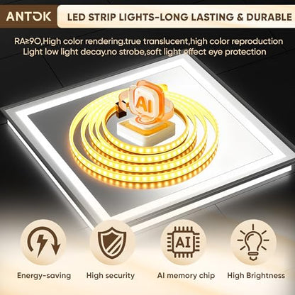 Antok 48X32 LED Bathroom Mirror with Lights, Vanity Mirror for Wall with Black Frame, Touch Control, Anti-Fog, Dimmable Lights, Shatter-Proof, Memory Function, Wall-Mounted Vanity Mirrors - size: 48"L x 32"W
