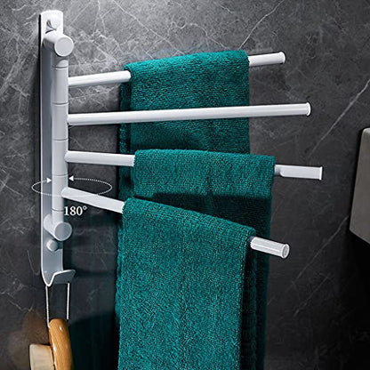 ZHOUXIAO White Brass Swing Out Towel Bar Holder Wall-Mounted/Swivel Towel Rack Hanger Organizer for Bathroom or Kitchen, 4-Bar Towel Bar Folding Arm Swivel Hanger Bathroom S White
