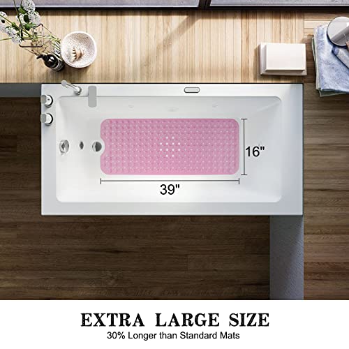 Bathtub and Shower Mats, Extra Long Non-Slip Bath Tub Mat 39 x 16 Inch, Machine Washable Bathmat with Suction Cups & Drain Holes for Bathroom Floor, Pink - color: Pink