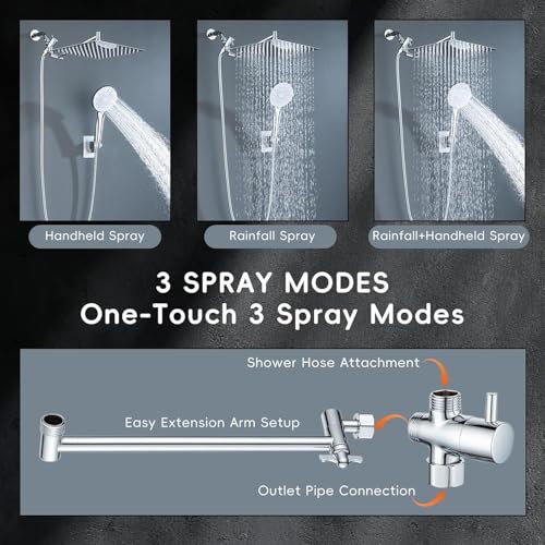 Peicuai Shower Head Combo, 10 Inch High Pressure Rain Shower Head with 11 Inch Adjustable Extension Arm, 5-Setting Handheld Shower with Long Hose, Powerful Spray for Low Water Pressure - color: 10-Inch Chrome
