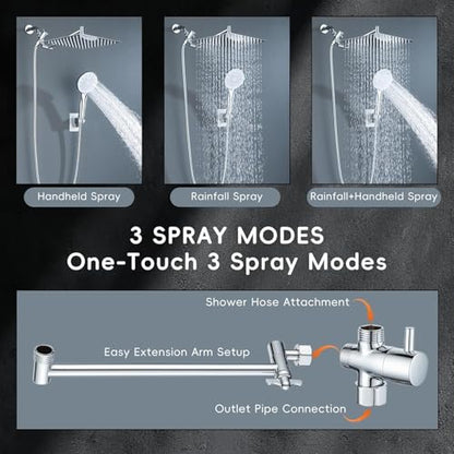 Peicuai Shower Head Combo, 10 Inch High Pressure Rain Shower Head with 11 Inch Adjustable Extension Arm, 5-Setting Handheld Shower with Long Hose, Powerful Spray for Low Water Pressure - color: 10-Inch Chrome