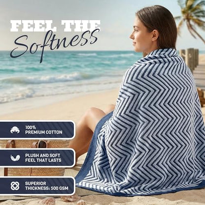 White Classic Cotton Beach Towels Oversized 35 x 70 Inches, Ultra Absorbent and Low Lint Luxury Pool Towels, Chevron Design, Navy Blue, 2 Pack - color: Chevron Navy Blue