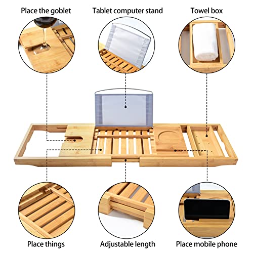 Expandable Bath Tub Tray Table for Luxury Bath, Adjustable Bamboo Bath Caddy Tray with Towel/Wine/Book Holder, Home Bath Accessories