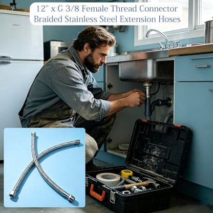12 Inch Faucet Supply Lines, 3/8 OD Comp (Male) x 3/8 Comp (Female) Connector Braided Stainless Steel Extension Hoses for Bathroom Kitchen Sink（1 Pair）