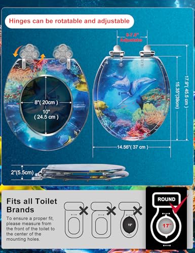 Angol Shiold ROUND Resin Toilet Seat Slow Close Blue Dolphins 16.5" | Quick Release Heavy Duty Acrylic Decorative Toilet Seats Easy to Install&Clean (Blue Dolphins) - color: Blue Dolphins Ocean