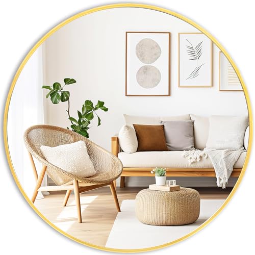 Fabuday Round Gold Mirror for Wall - 20 Inch Circle Mirror for Bathroom, Living Room Decor, Metal Golden Framed Small Circular Mirror - color: Gold, size: 20"L x 20"W