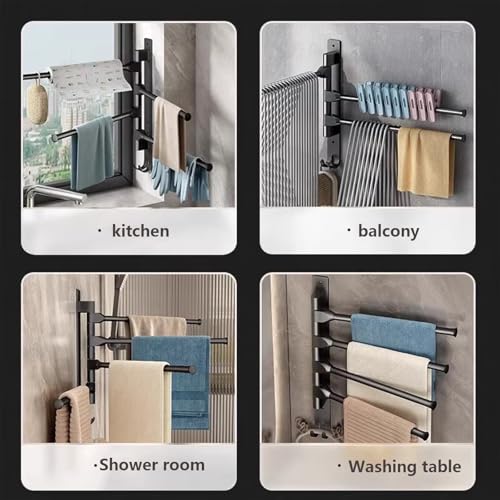 Towel Rack,180° Swivel Towel Rack,Advanced Materials Multi-Arm Towel Bar,Space Saving Wall Mounted Towel Holder with Hook,Rustproof Swing Out Towel Hanger for Bathroom,Kitchen(Black,5 Poles) - color: Black, size: 5 poles