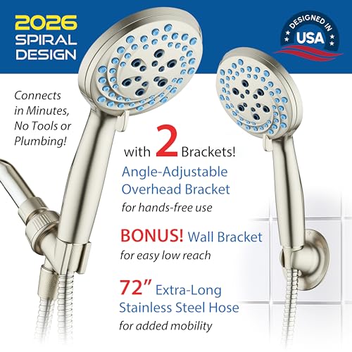 AquaCare New 8-mode High Pressure Handheld Shower Head w/ 2-way Power Wash | Stay Clean Nozzles, Dual Power Wash for Tub, Tile & Pets, Long 6 ft. Stainless Steel Hose, Wall & Overhead Brackets / Nickel - color: Nickel