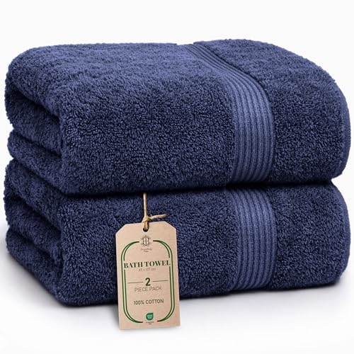 Luxe 2-Piece Bath Towel Set – Large Soft Cotton Towels, Absorbent, Durable & Skin-Friendly, Machine Washable, 27 x 54 in (Navy Blue) - color: Navy Blue
